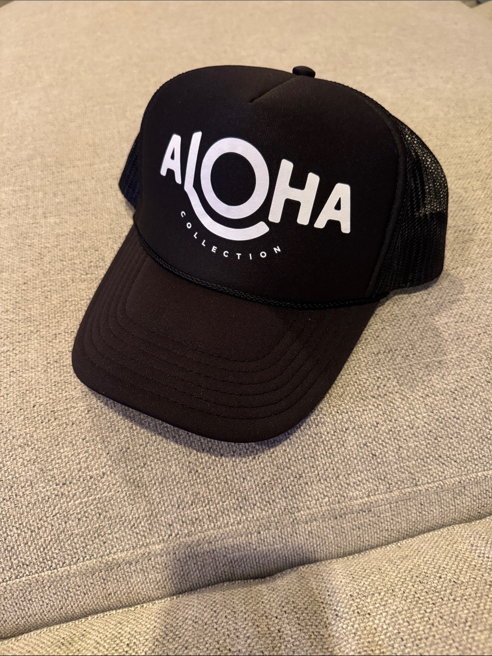 ALOHA Collection Black Trucker Hat with White Logo